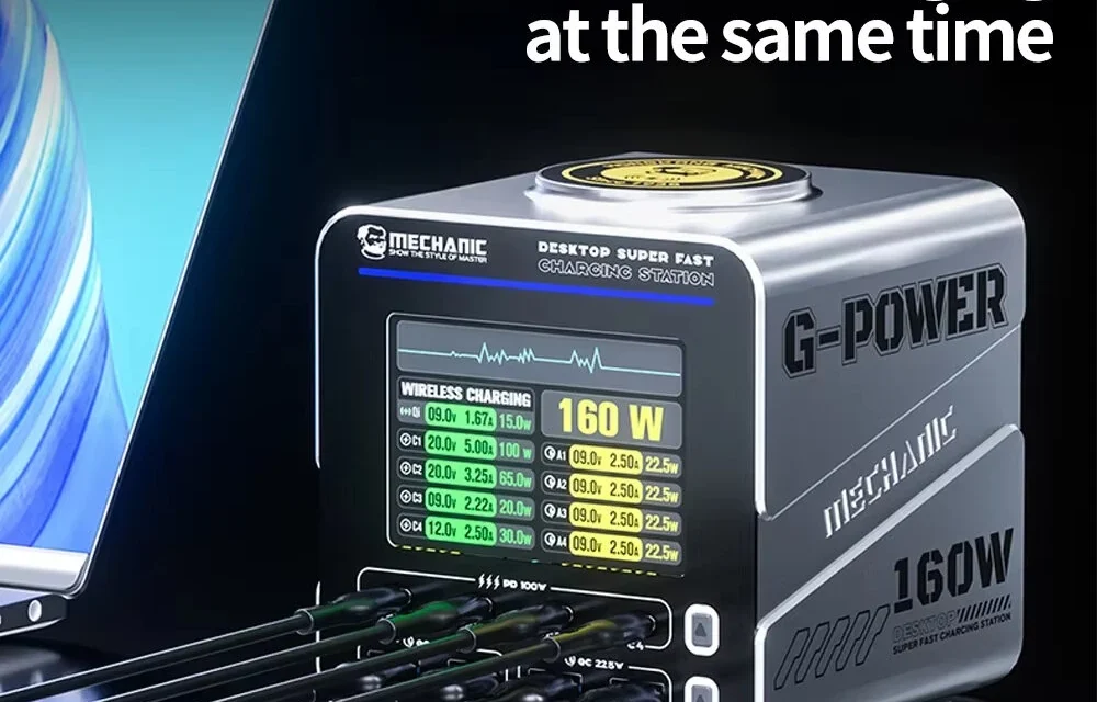 GaN Tech Mechanic G-Power 160W töltőállomás okos kijelzővel: A jövő energiakezelése a tesztvárosban