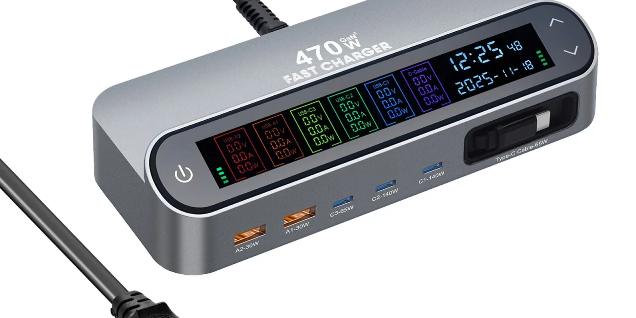 Bakeey YMX LCD 470W hatportos GaN töltő digitális kijelzővel a tesztpadon